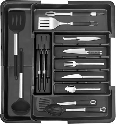 Bestekbak voor laden, lade-inzetstuk keuken, bestekbak voor laden met uitbreidbaar met vier zijkanten, organizer, lade keuken met 2 messenhouders, zwart