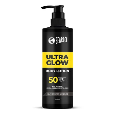 Beardo Ultraglow Lait Corporel SPF 50 PA+++ pour Homme, 250 ml | Protection Solaire, Hydratant Léger & Hydratant d'Hiver pour le Corps | Hydrate & Nourrit black