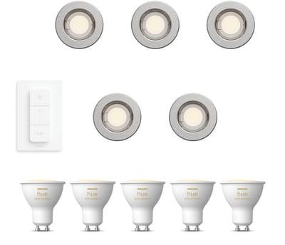 Philips Hue Peridot Set van 5 Inbouwspots (Nikkel) - Rond - Niet Richtbaar - GU10 - Warm tot Koelwit Licht - Incl. Hue Dimmer Switch - Hue White Ambiance