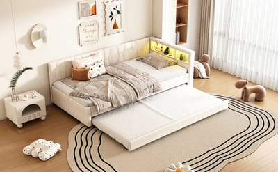 Daybed - 90*200 cm - slaapbank - opbergvak aan het bed - USB+type C - afstandsbediening voor led-omgevingsverlichting - bed met uitschuifbaar bed - bed met lattenbodem (zonder matras) - linnen - beige