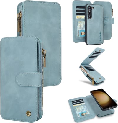 Casemania Hoesje Geschikt voor Samsung Galaxy S25 - Aqua Blue - 2 in 1 Magnetic Book Case met Rits