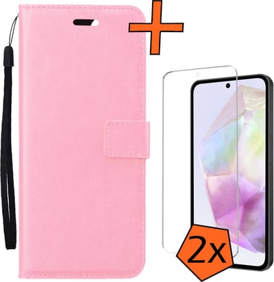 Hoes - Met 2x Screenprotector - Geschikt voor Samsung Galaxy A35 - Luxe Pasjeshouder - Bookcase Portemonee - Flip Case - Kunstleer Book Case - Flipcase Hoes - Book Cover - Walletcase - PortemonneeHoes - Lichtroze