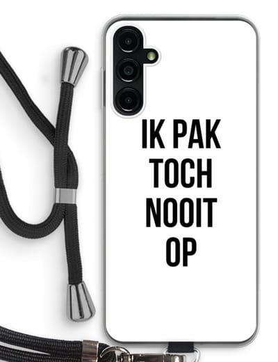 Case Company® - Hoesje met koord geschikt voor Samsung Galaxy A14 hoesje met Koord - Ik pak nooit op - Telefoonhoesje met Zwart Koord - Bescherming aan alle Kanten en Over de Schermrand