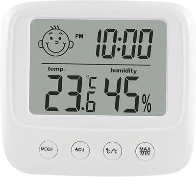 Fako Bijoux - Hygrometer - Weerstation - Luchtvochtigheidsmeter - Thermometer Voor Binnen - Klok - Alarmklok - 86x78x23mm - Incl. Batterijen - Wit