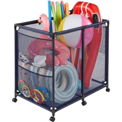 VEVOR Zwembadopbergbox 93,5 X 61 X 90,4 cm, Zwembadopbergbox met 6 Wielen, Gaasorganizer met metalen Frame en Zijvakken, Opbergmand voor Zwembadnoedels en Zwemuitrusting