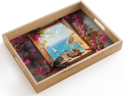 Dienblad hout 40x30 cm - Schootdienblad - Kat - Blauwe zee - Roze bloemen - Borrelplank rechthoek - Plateau dienbladen