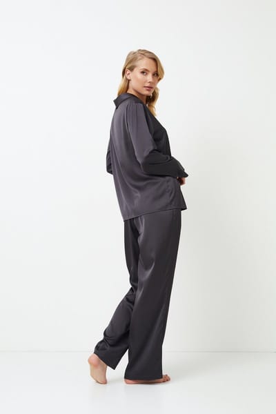 Dames pyjama Agatha-lange mouw-lange broek-zwarte biezen-donkergrijs-maat XL