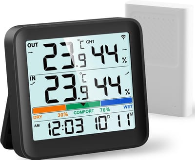 Weerstation Draasloos Binnen/Buiten - Digitale Thermometer en Hygrometer - Zwart - Grote LCD Scherm - Hoge Nauwkeurigheid - Voor Binnen en Buiten