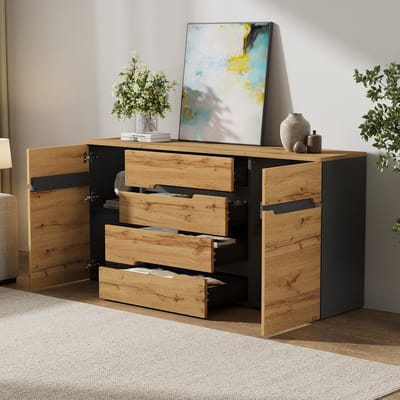 REDOM - Dressoir - Spaanplaat - Met 2 deuren, 4 lades & gedempte scharnieren - 160 x 40 x 80 cm, Black,Wood