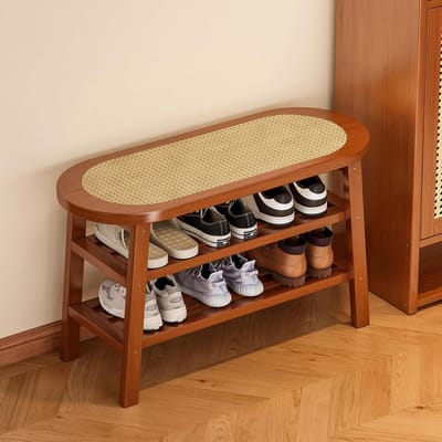 Rotan Bank - Halmeubel Opbergruimte - Gang Organiseren - Handgeweven Zitting - 65cm - Walnoot