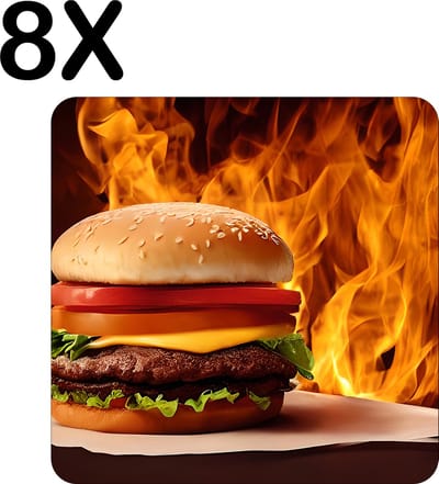 Luxe Placemat - Vlammende Hamburger - Set van 8 Placemats - 50x50 cm - 2 mm dik Vinyl - Anti Slip - Afneembaar