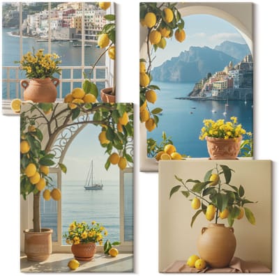 Wallfluent Set van canvas schilderijen - Citroenen en bloemen in potten in een kustplaats Canvas Schilderijen Set - Set van 4 Canvas Schilderijen - Blauw Set van Canvas Prints - Landschappen Canvas Kunst Set - Boheemse Canvas Kunst Set