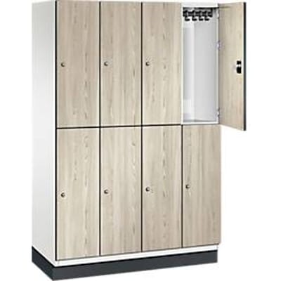 C+P Double-store locker Cambio, 4 vakken, 8 compartimenten, met plint, B 1200 x D 525 x H 1980 mm, verkeerswit / essenhout decor