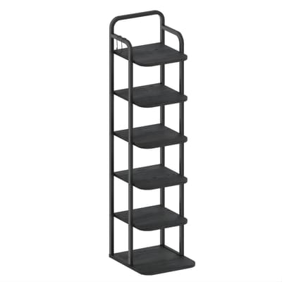 Schoenenrek – Voor Kast & Kleine Ruimtes – Vrijstaand Verticale Schoenenkast met 6 Niveaus en 2 Haken – Zwart