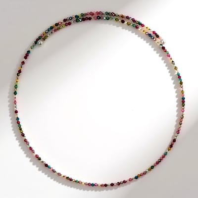 Cavill - Stalen Halsband - 31 cm - Nigeriaanse Toermalijn 13 139 ct - Witte Zoetwaterparels - Modern Facet Geslepen Kralen