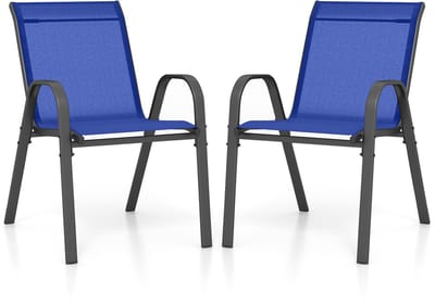 COSTWAY Set van 2 stapelbare tuinstoelen, stapelstoelen van textiel en metalen frame, terrasstoelen met armleuningen, balkonstoelen, belastbaar tot 150 kg, 56 x 70 x 84 cm, blauw