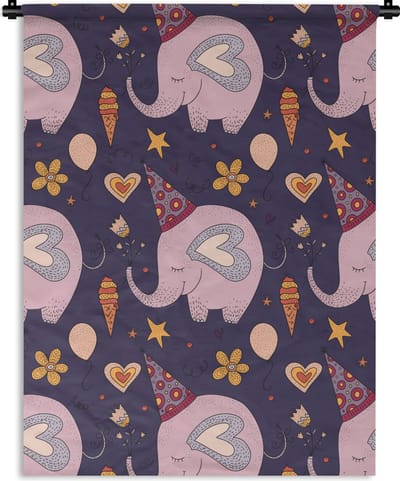 Wandkleed - Wanddoek - Verjaardag - Olifant - Bloemen - Patronen - 90x120 cm - Wandtapijt