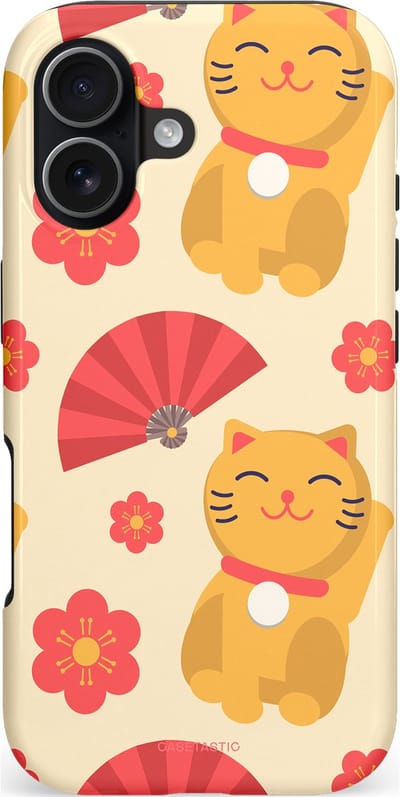 Casetastic hoesje geschikt voor Apple iPhone 17 - MagSafe - Dubbellaagse bescherming - Japanse Poezenvreugde - Lucky Cats - Fashion Case - Crème Geel Rood