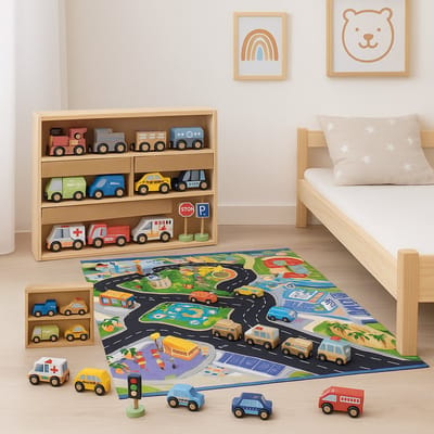 Maxx Kidz Houten Speelgoed Auto's, Trein en Speelkleed - Autokleed met 11 Voertuigen - Auto met Magneten - Educatief & Duurzaam Speelgoed - vanaf 2 jaar
