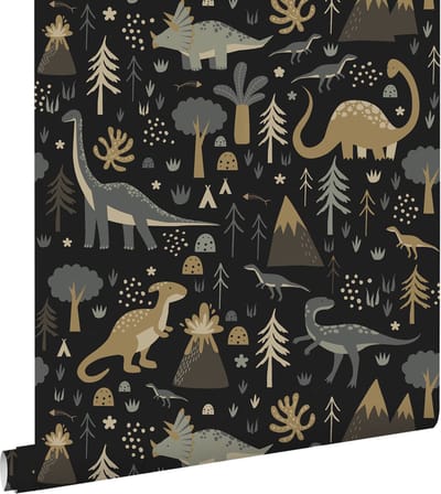 ESTAhome behang dinosaurussen vergrijsd blauw, bruin en zwart - 50 x 900 cm - 139803