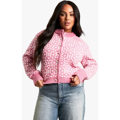 boohoo Dames Plus Premium Kerst Fairisle Gebreide Cardigan | Pink | Maat: 24-26