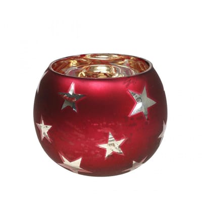 Lantaarn glazen theelichtje glas met sterren rood Ø9cm H7cm