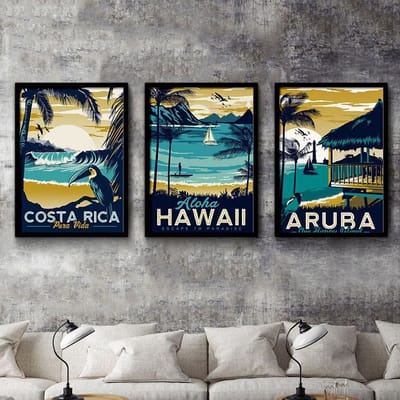 Allernieuwste.nl® Canvas Schilderij - 3 STUKS Toeristen Affiches Vintage Kleur Kunstposters - Multicolor - 40 X 30 Cm