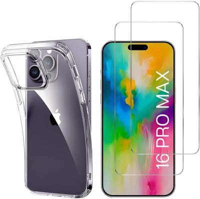 Hoesje Ultraslank geschikt voor iPhone 16 Pro Max backcover siliconen Transparant en 2 stuks ScreenProtector Gehard Glas