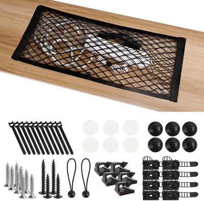 Famanu – Kabelorganisatieset - 1 kabelnet - 5 zelfklevende kabelclips - 8 zelfklevende kabelbinders - 8 kabelbinders - flexibele kabelorganisatie voor tv-pc onder het bureau - thuiskantoor