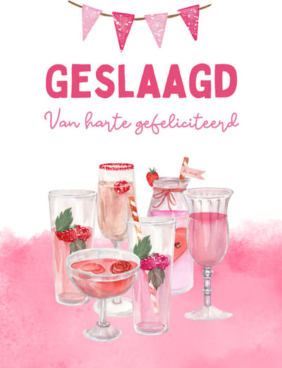 Wenskaart Geslaagd- Kaart met roze cocktails- Kaart Geslaagd voor examen- Stevige kaart 400 grams papier - Kaart met aquarel tekening - Ansichtkaart met adresregels
