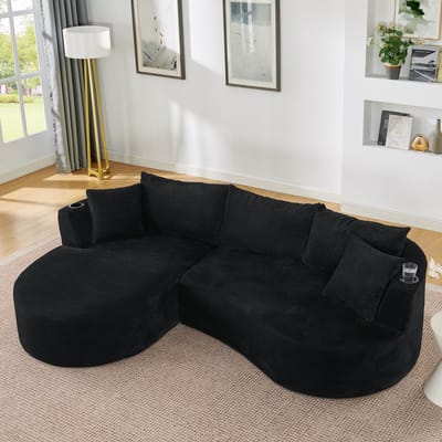 OKWISH Hoekbank 3-Zits - Met Linker Chaise Longue, Bekerhouders En Kussens - Voor Woonkamer Of Kantoor - Zwart