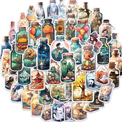Wereld in een Fles Sticker set - 50 stickers - 6x4CM - Fantasie Landschappen, Dieren, Dino's in een potje
