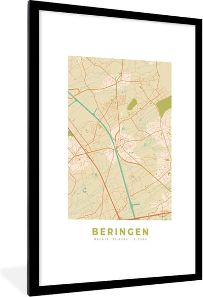 Fotolijst incl. Poster - Stadskaart - Plattegrond - Kaart - België - Beringen - 60x90 cm - Posterlijst