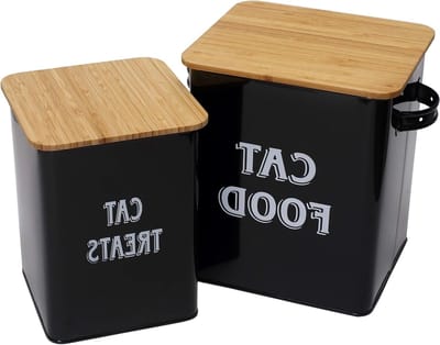 Set van Opbergblikken voor Katten- en Hondenvoer met Schep - Dichte Houten Deksel - Gecoat Koolstofstaal - Voedselopslag en Snacks