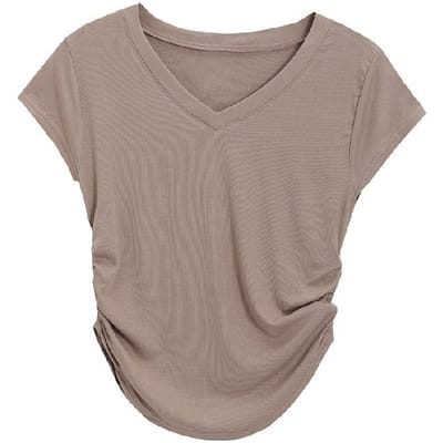 T-shirt à col en V manches courtes Pure Desire pour femme Été Nouveau Coupe ajustée Design ajusté Étudiant Haut couleur unie XL gray