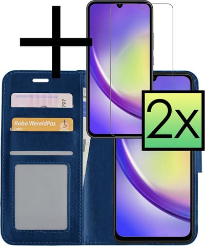 Hoesje - Met 2x Screenprotector - Geschikt voor Samsung Galaxy A34 - Luxe Pasjeshouder - Bookcase Portemonee - Flip Case - Kunstleer Book Case - Flipcase Hoes - Book Cover - Walletcase - Portemonneehoes - Donkerblauw