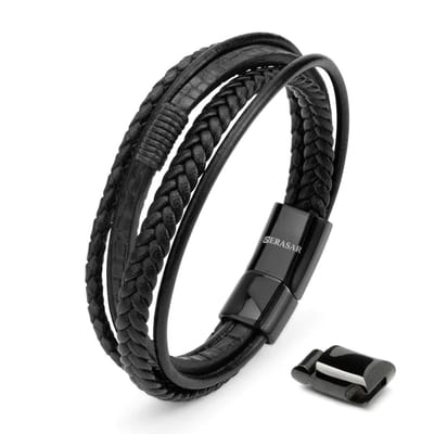 SERASAR Leren Armband Man [Wild] - Zwart 20cm - Cadeau voor Hem
