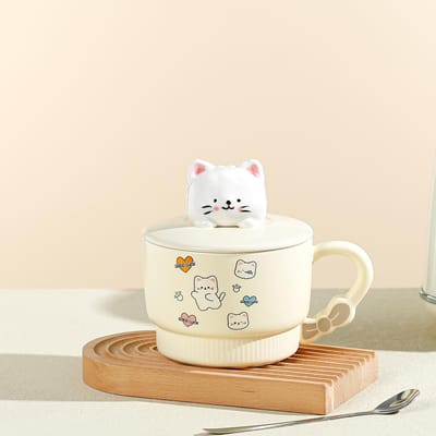 Cartoon Schattige Kat Keramische Kop Hoge Waarde Mok Waterbeker met Deksel en Lepel Kantoor Koffiekop Souvenir 501-600ml