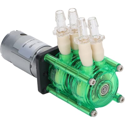 Pompe péristaltique à double tête Coque verte Tubulure jaune Grand débit Résistante à la corrosion Pompe à eau 700 ml/min CC 24 V 600 mA
