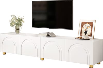 TV-Meubel - 4 Deuren - Boogreliëf met Opbergruimte en Metalen Poten - Hout - Naturel