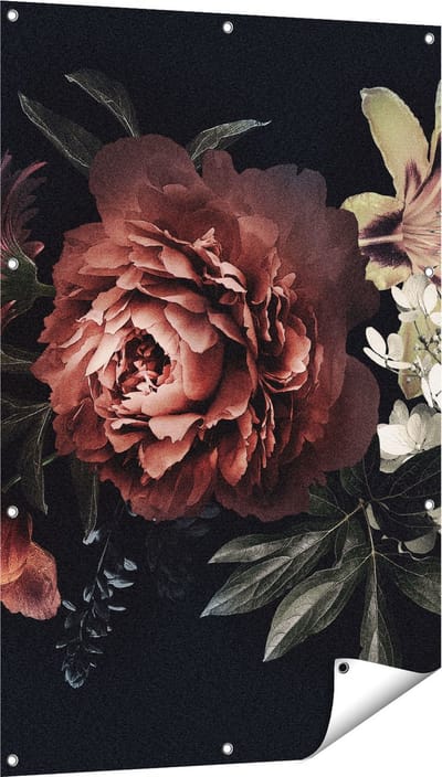 Gards Tuinposter Bloemen op een Zwart Achtergrond - 80x120 cm - Tuindoek - Tuindecoratie - Wanddecoratie buiten - Tuinschilderij