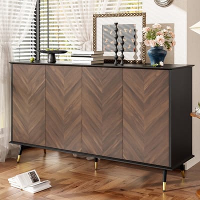 Dressoir - Met Visgraat Design - 4 Deuren Verstelbare Planken - MDF Metalen Poten - Hout - Natuur