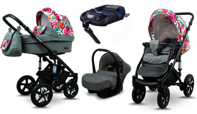 BabyLux® Kinderwagen 4in1 – SKY LARK - Grey Flex Hibiscus BLACK FRAME - Opklapbare Wandelwagen incl. Reiswieg, Multifunctionele Buggy Sportstoel, Autostoel, ISOFIX basisstation - Combi-kinderwagen met Luiertas, Regenhoes, Klamboe