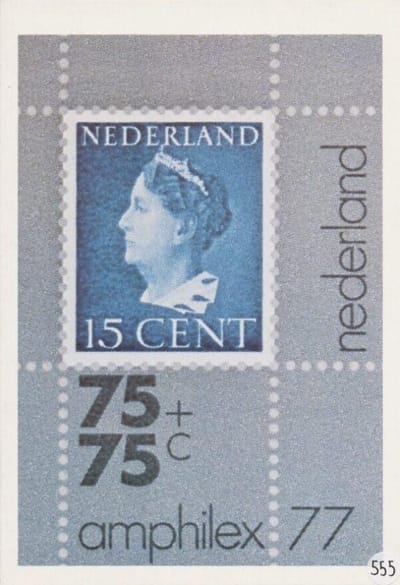Briefkaart met afbeelding Verkleinde reproductie van zegels met beeltenis van H.M. Koningin Wilhelmina postzegel