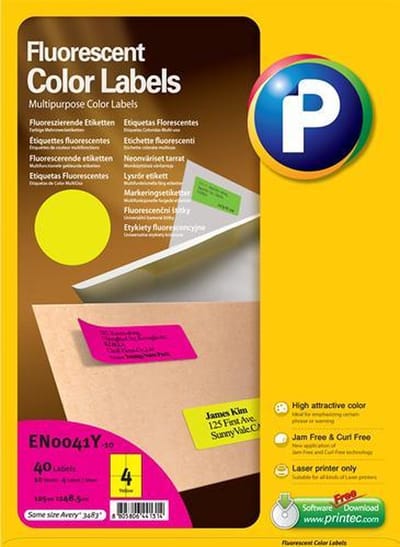 Printec Fluoriscerend Neon Geel Etiketten - 10 Vel - 105x148.5mm - 4 Labels per A4 - 40 Stickers