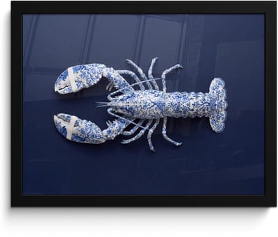 Poster in lijst - Fotolijst 40x30 cm - Posters - Kreeft - Porselein - Delfts - Blauw - Posterlijst zwart - Decoratie - Wanddecoratie woonkamer - Muurdecoratie slaapkamer