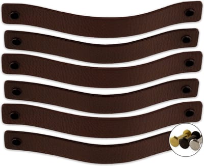Leren handgrepen - Kastanje Bruin - 6 stuks - 20 x 2,5 cm - incl. 3 kleuren schroeven - Handgrepen leer - Leren meubelgreep - Leren handvaten kast - Leren lus - Handgreep kast leer - Leren greepjes - Handvat leer - Leren deurgreep - Leren handgreep