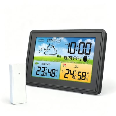 Fokelyi - Weerstation - Binnen & Buiten - Hygrometer - Temperatuur - Weersvoorspelling - Radiogestuurd - Draadloze buitensensor - Automatische radiogolfcorrectietijd