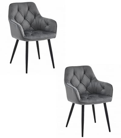 Set van 2 - Stoel JORK - Donkergrijs Velvet - Zwarte Metaalpoten - Luxe Eetkamerstoel - Fauteuil - Met Armleuning - Modern Design - Elegant en Comfortabel voor Woonkamer, Keuken of Eetkamer - Max. 110 kg