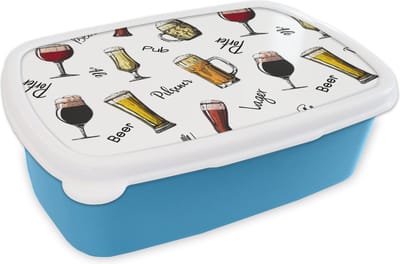 Broodtrommel Blauw - Lunchbox - Brooddoos - Bier - Glazen - Patroon - 18x12x6 cm - Kinderen - Jongen